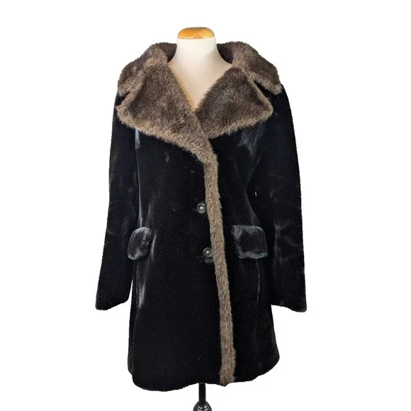 Vtg Glenorba Glenoit Faux Fur Coat Womens Black Brown Trim Winter Cozy Retro USA - Picture 2 of 16
